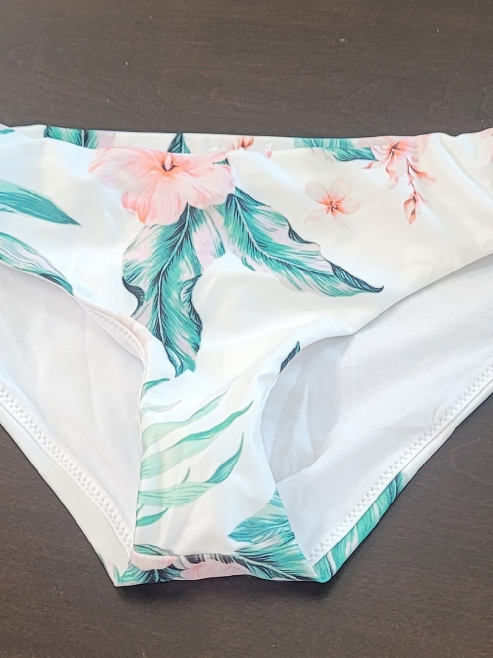 Raisins White Bikini Bottom with Pink Floral & Teal Leaves